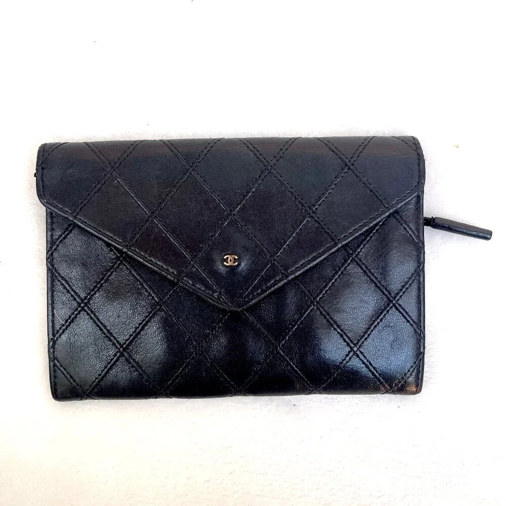 Chanel Small Diamond double Stitch Black Wallet